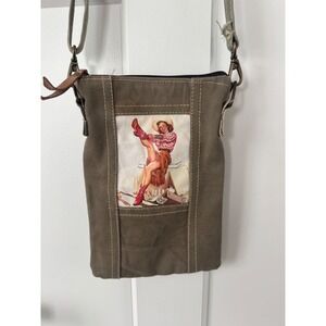 Vintage Addiction Pin Up Cowgirl Canvas Crossbody Phone Bag Khaki